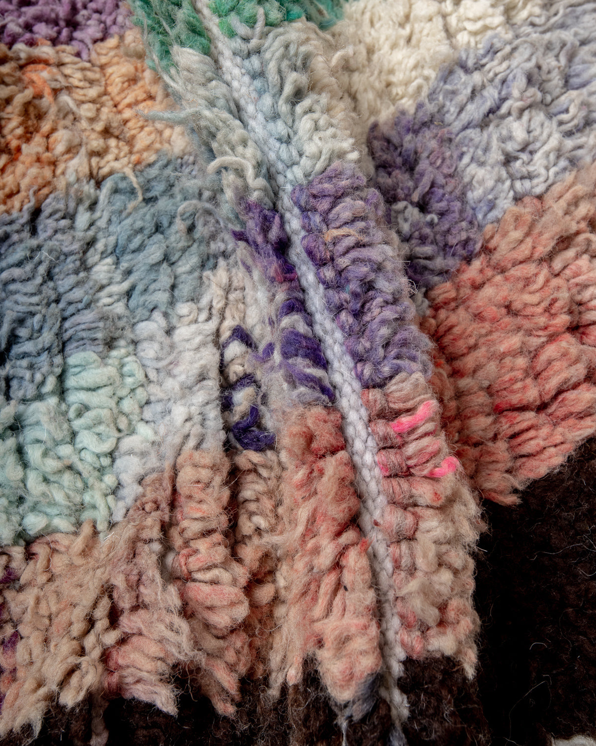 Modern, designer, handcrafted Berber rug from Morocco. Vintage carpet with beautiful colours and patterns and fluffy texture.